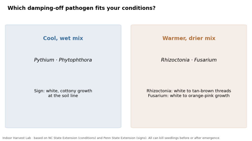 Chart matching damping-off pathogens to cool wet or warm dry conditions