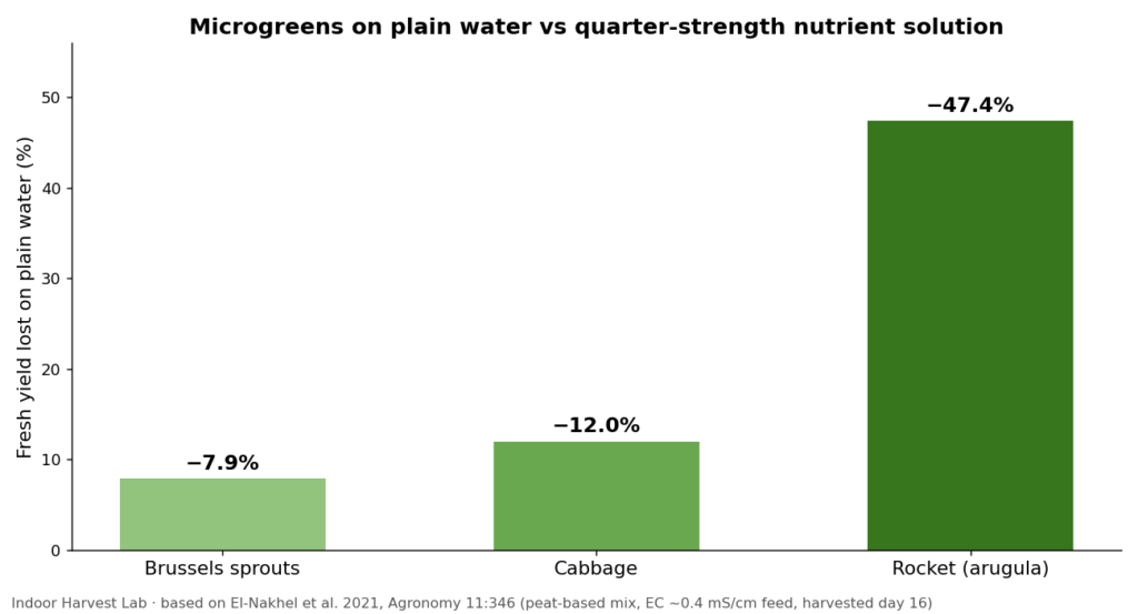 Chart of yield lost when microgreens get plain water instead of nutrient solution